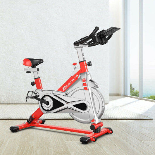 Stationary Silent Belt Adjustable Exercise Bike with Phone Holder and Electronic Display-Red