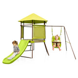 4-in-1 Swing Set with Covered Playhouse Fort and Height Adjustable Baby Seat-Green