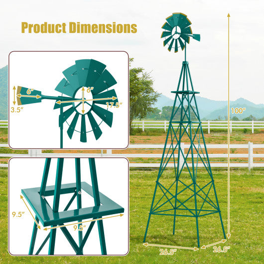 8 Feet Windmill Metal Ornamental Wind Wheel Weather Resistant-Green