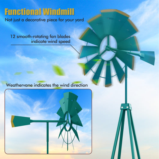 8 Feet Windmill Metal Ornamental Wind Wheel Weather Resistant-Green