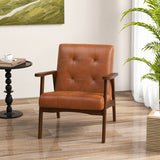 Mid Century Modern Accent Chair with Solid Rubber Wood Frame and Leather Cover-Brown