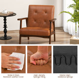 Mid Century Modern Accent Chair with Solid Rubber Wood Frame and Leather Cover-Brown