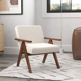 Modern Accent Chair Linen Fabric Armchair with Solid Acacia Wood Frame-Beige